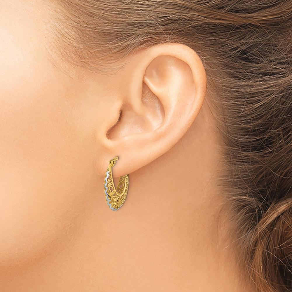 14K Yellow Gold Polished Filigree Hoop Earrings with Rhodium Plating - 22.52mm Length by 0