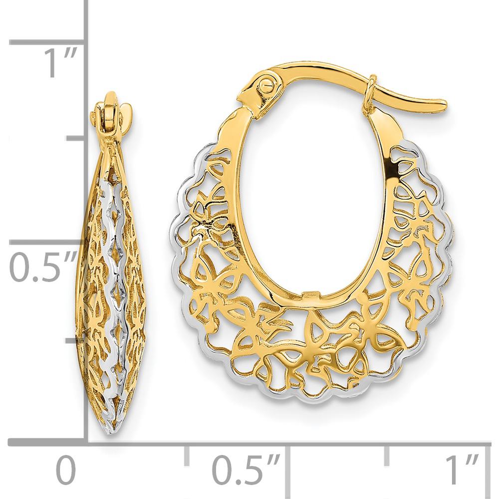 14K Yellow Gold Polished Filigree Hoop Earrings with Rhodium Plating - 22.52mm Length by 0