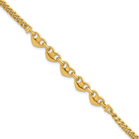 14K Yellow Gold Polished Five Hearts Curb Link Bracelet - 7" by 0