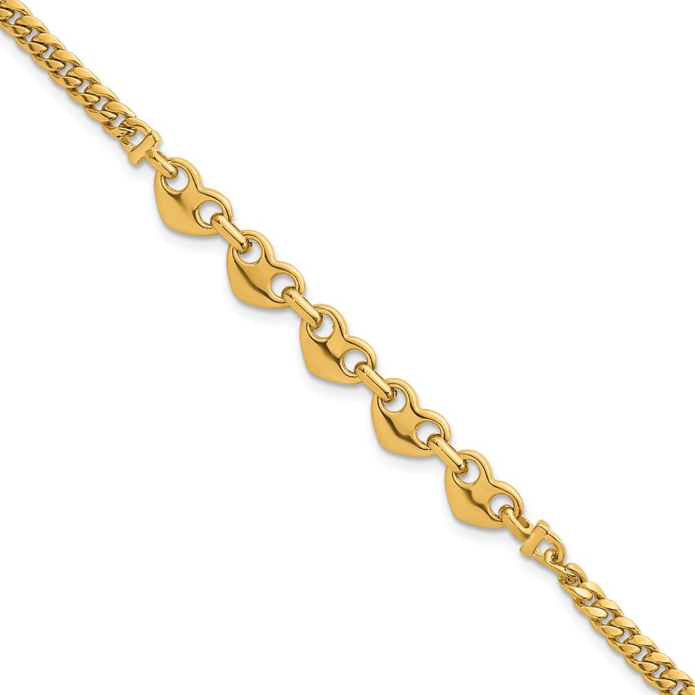 14K Yellow Gold Polished Five Hearts Curb Link Bracelet - 7" by 0