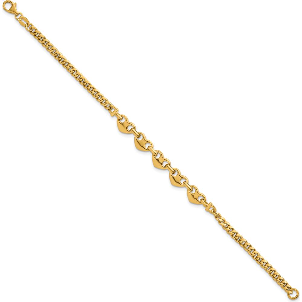 14K Yellow Gold Polished Five Hearts Curb Link Bracelet - 7" by 0