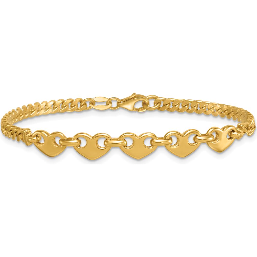 14K Yellow Gold Polished Five Hearts Curb Link Bracelet - 7" by 0