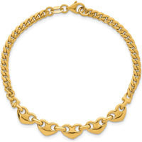 14K Yellow Gold Polished Five Hearts Curb Link Bracelet - 7" by 0