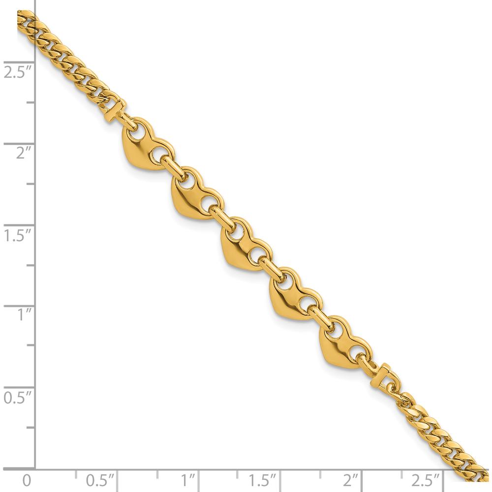 14K Yellow Gold Polished Five Hearts Curb Link Bracelet - 7" by 0