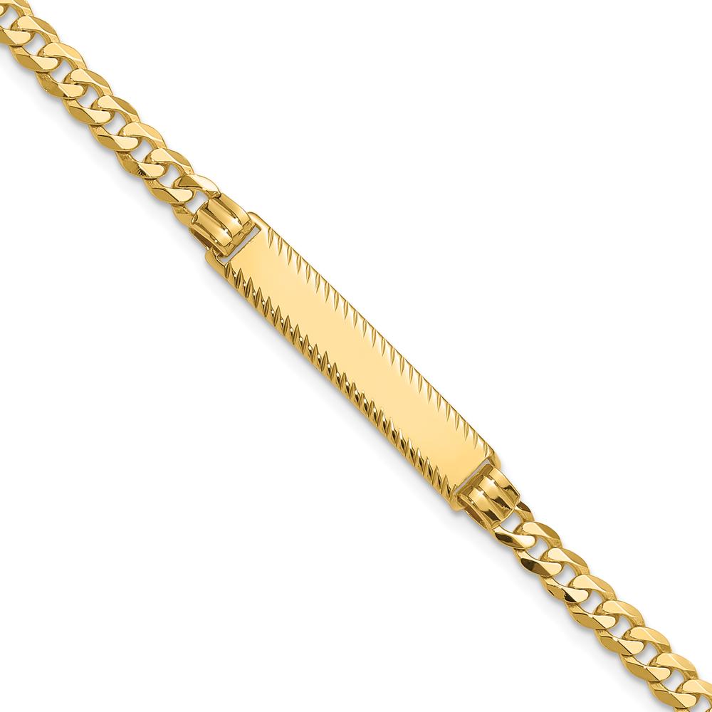 14K Yellow Gold Polished Flat Curb Link ID Bracelet with Diamond-Cut Plate - 7 Inches by Oro Pregiato