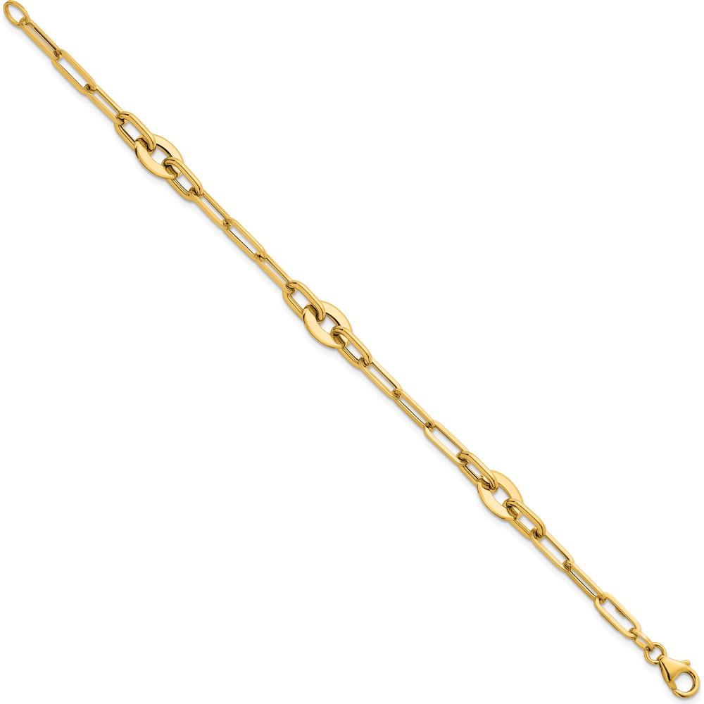 14K Yellow Gold Polished Flat Oval and Paperclip Link Bracelet - 7.25" Length by 0
