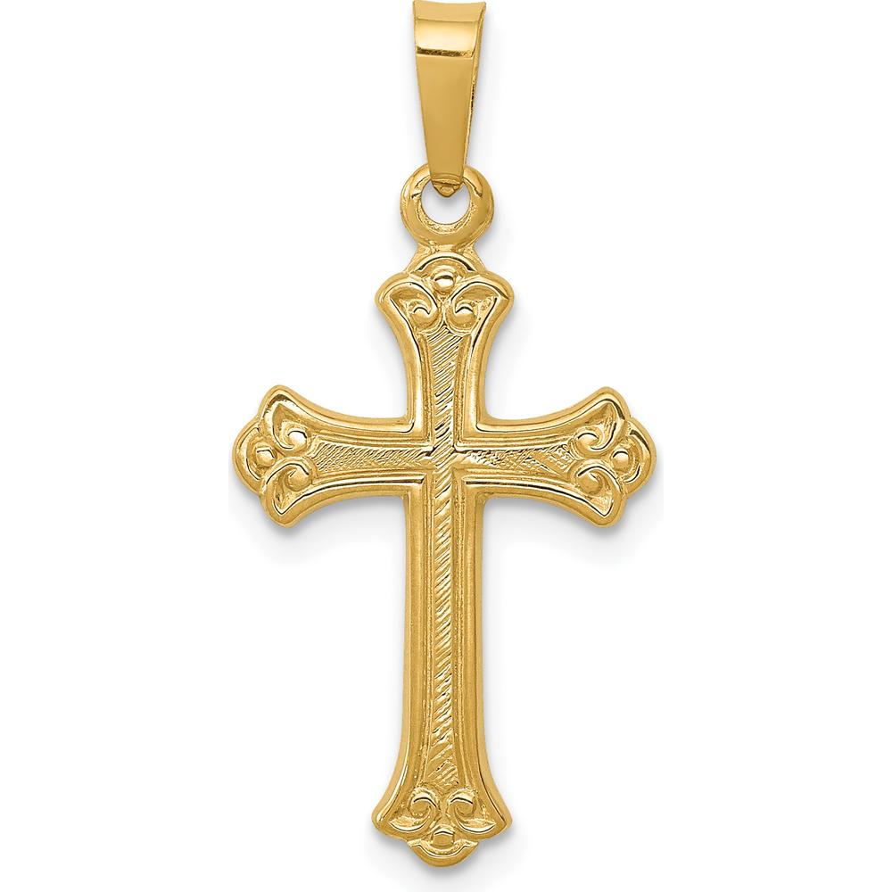 14K Yellow Gold Polished Fleur de Lis Cross Pendant - 26mm by Oro Pregiato
