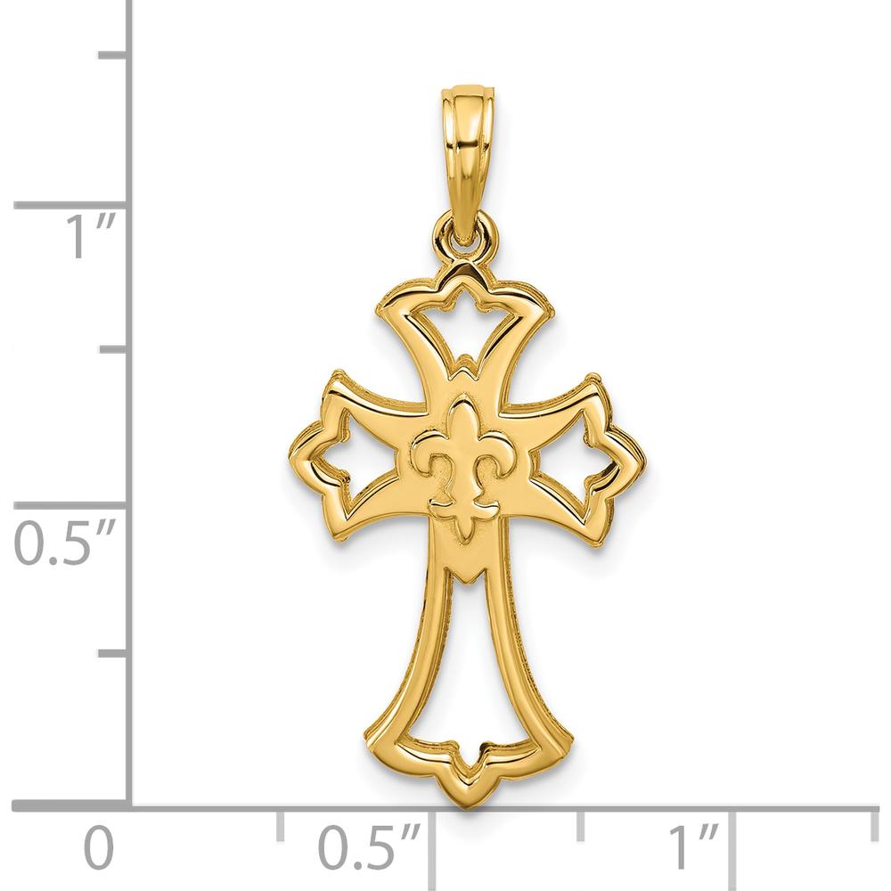 14K Yellow Gold Polished Fleur De Lis Cross Pendant - 29.8mm Length by Oro Pregiato