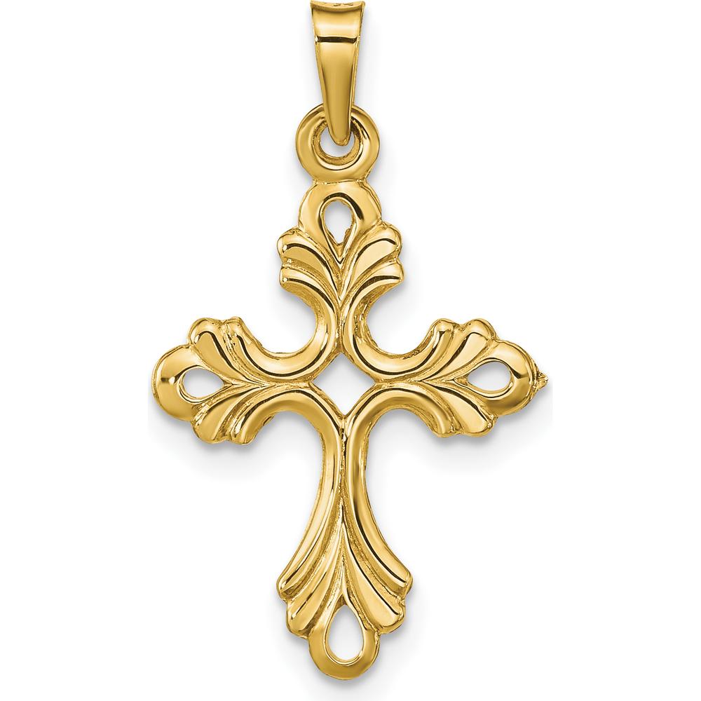 14K Yellow Gold Polished Fleur De Lis Cross Pendant - 33mm Length by Oro Pregiato