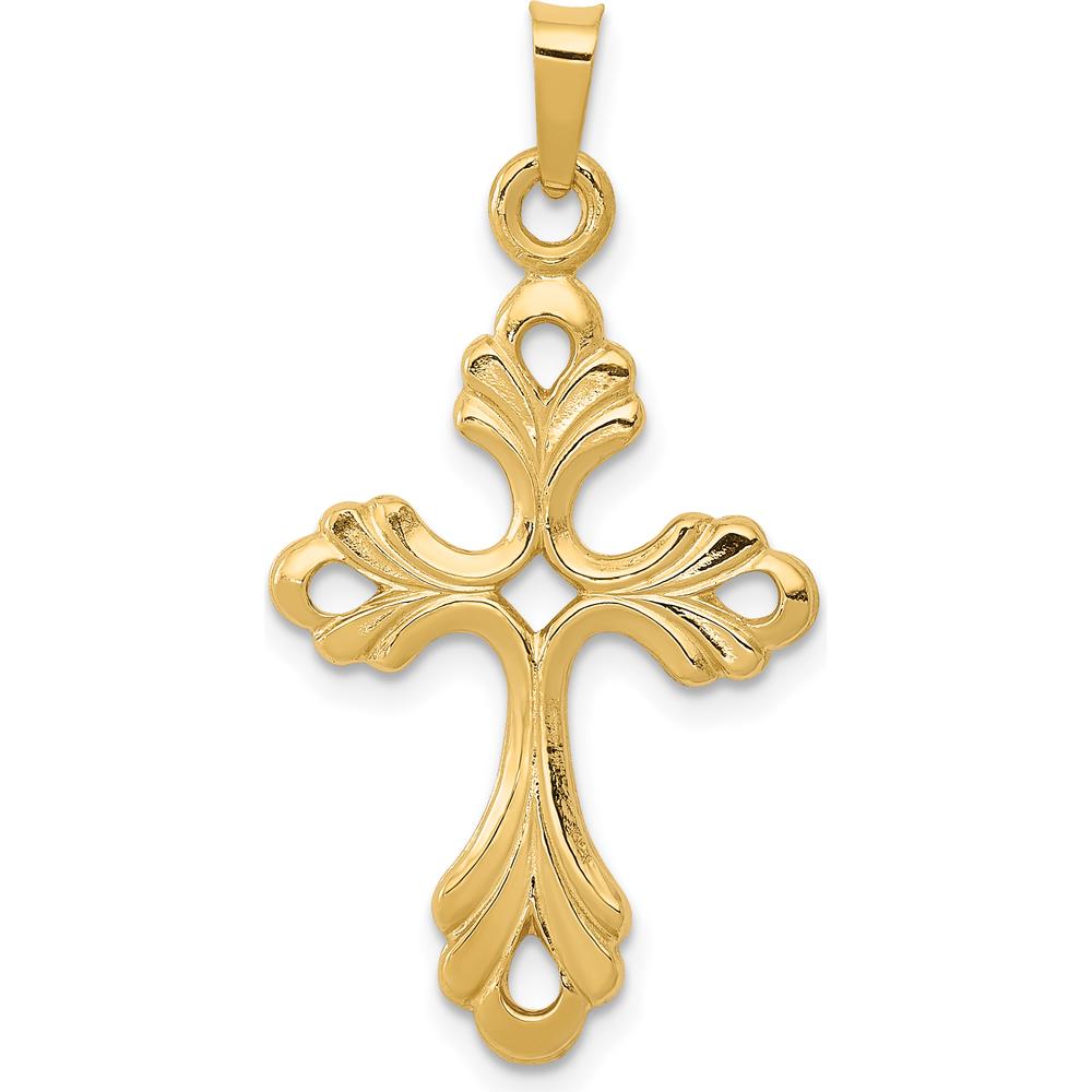 14K Yellow Gold Polished Fleur De Lis Cross Pendant - 33mm Length by Oro Pregiato