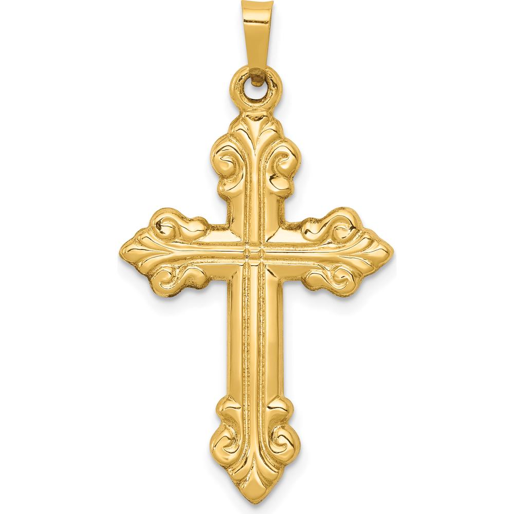 14K Yellow Gold Polished Fleur de Lis Cross Pendant - 35.7mm Length by Oro Pregiato