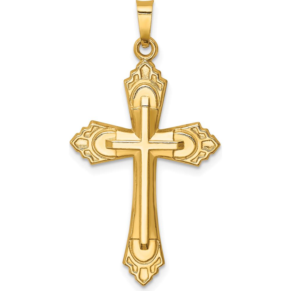14K Yellow Gold Polished Fleur de Lis Cross Pendant - 36.5mm Length by Oro Pregiato