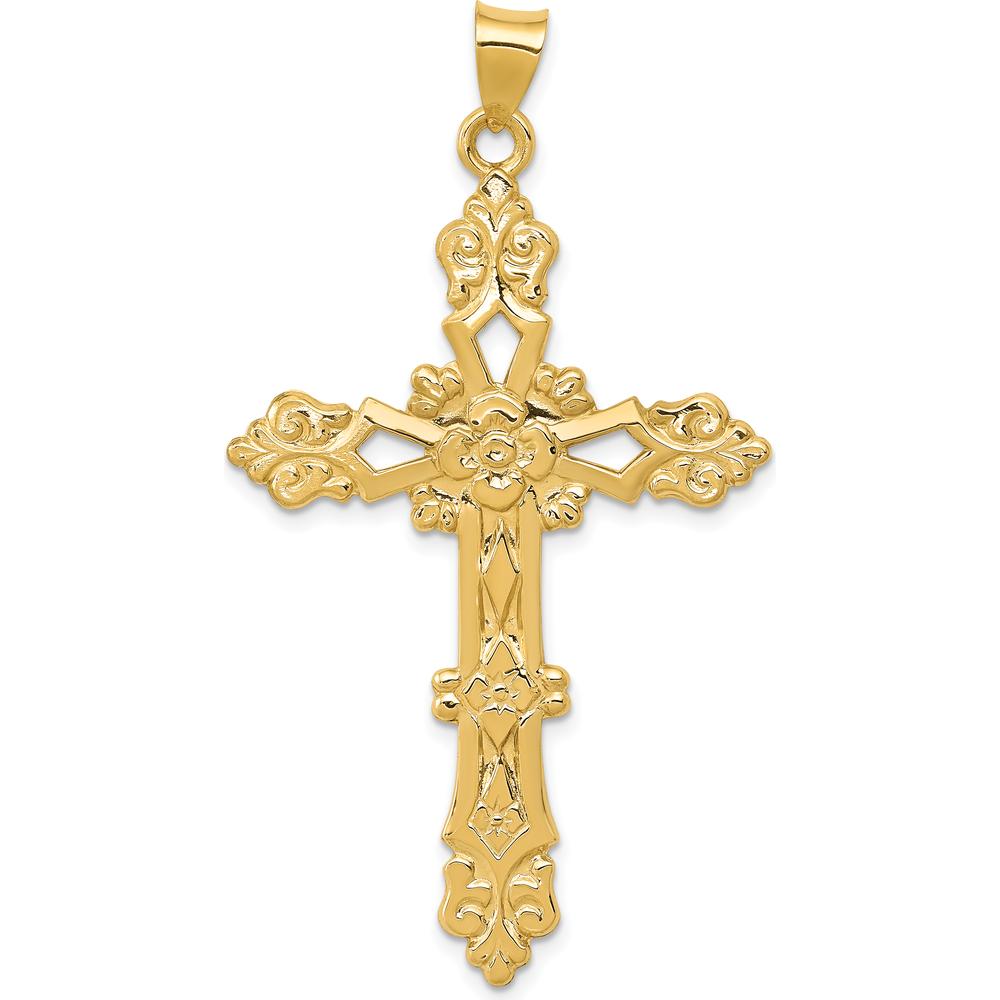 14K Yellow Gold Polished Fleur de Lis Cross Pendant - 54mm x 30mm by Oro Pregiato