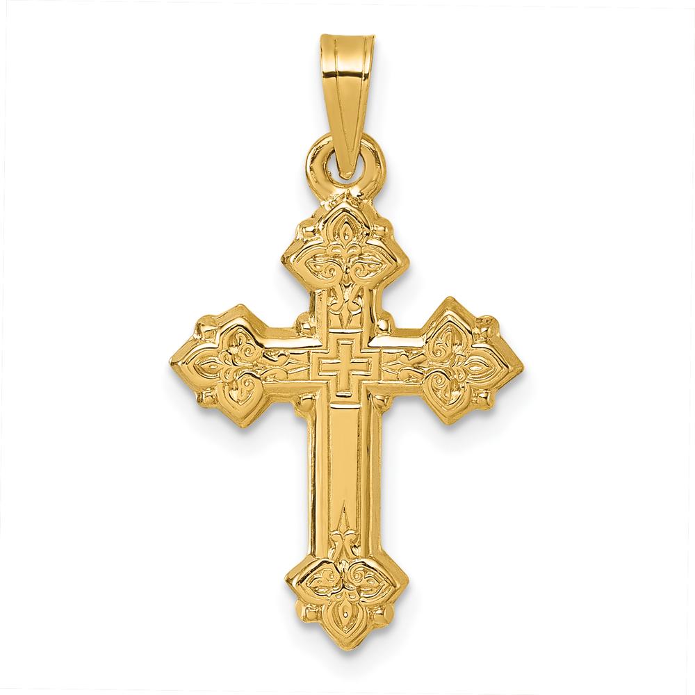 14K Yellow Gold Polished Fleur de Lis Cross Pendant - Timeless Religious Design by Oro Pregiato