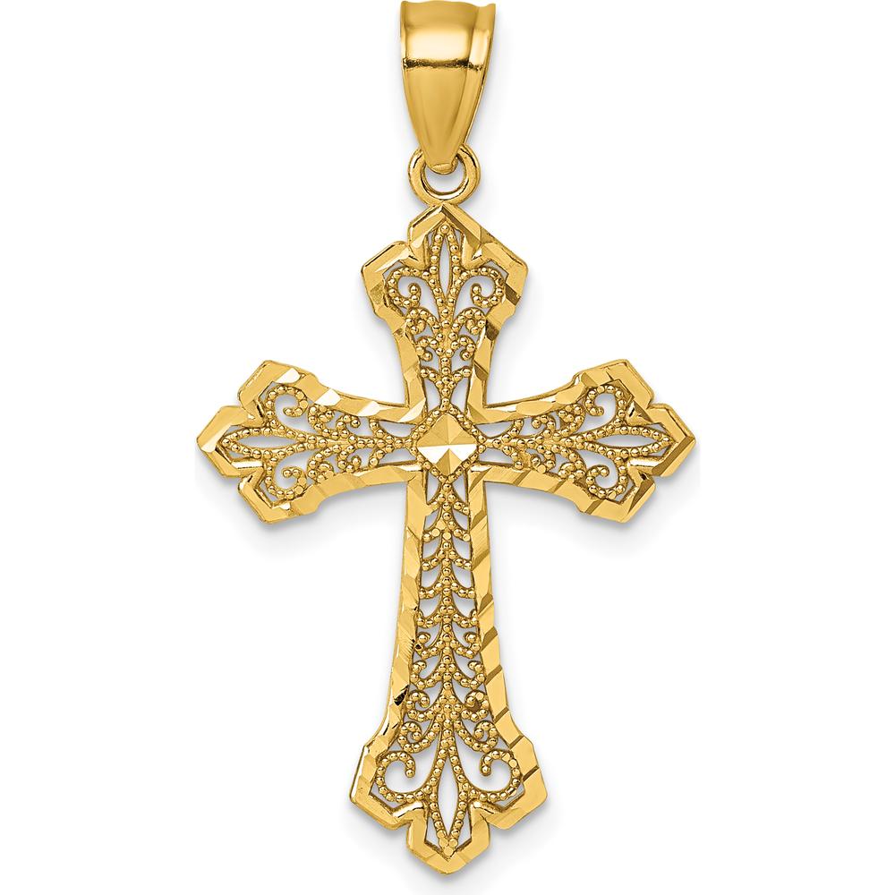 14K Yellow Gold Polished Fleur de Lis Filigree Diamond-Cut Fancy Cross Pendant by Oro Pregiato