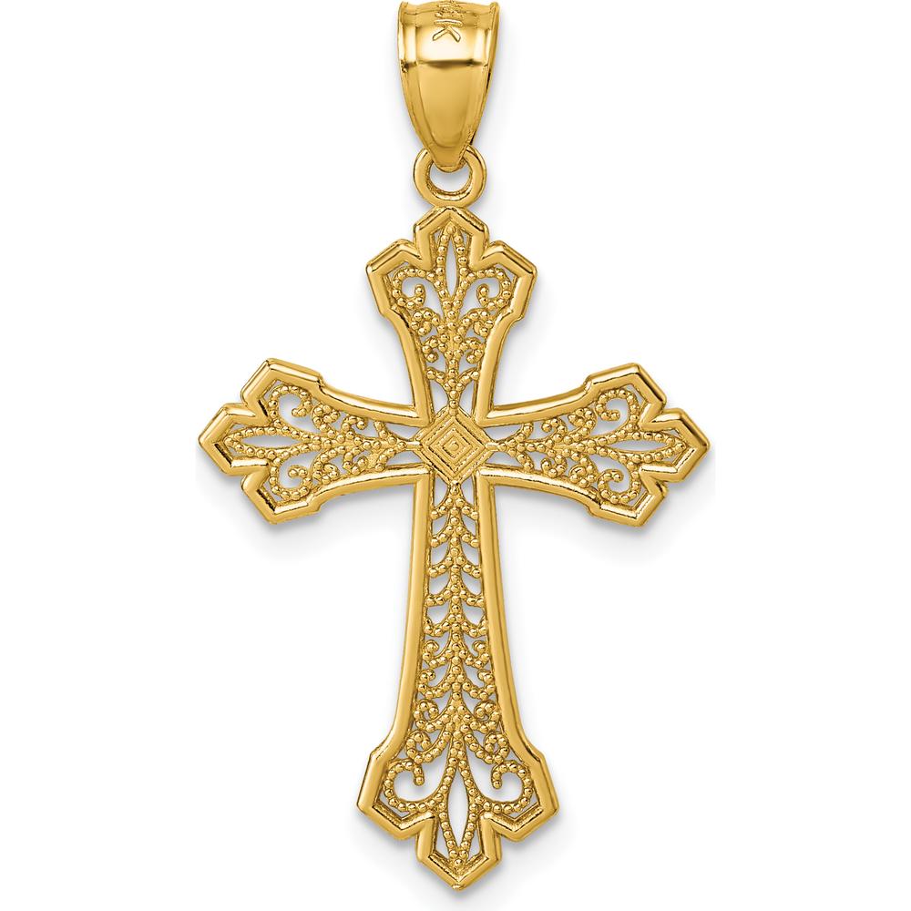 14K Yellow Gold Polished Fleur de Lis Filigree Diamond-Cut Fancy Cross Pendant by Oro Pregiato