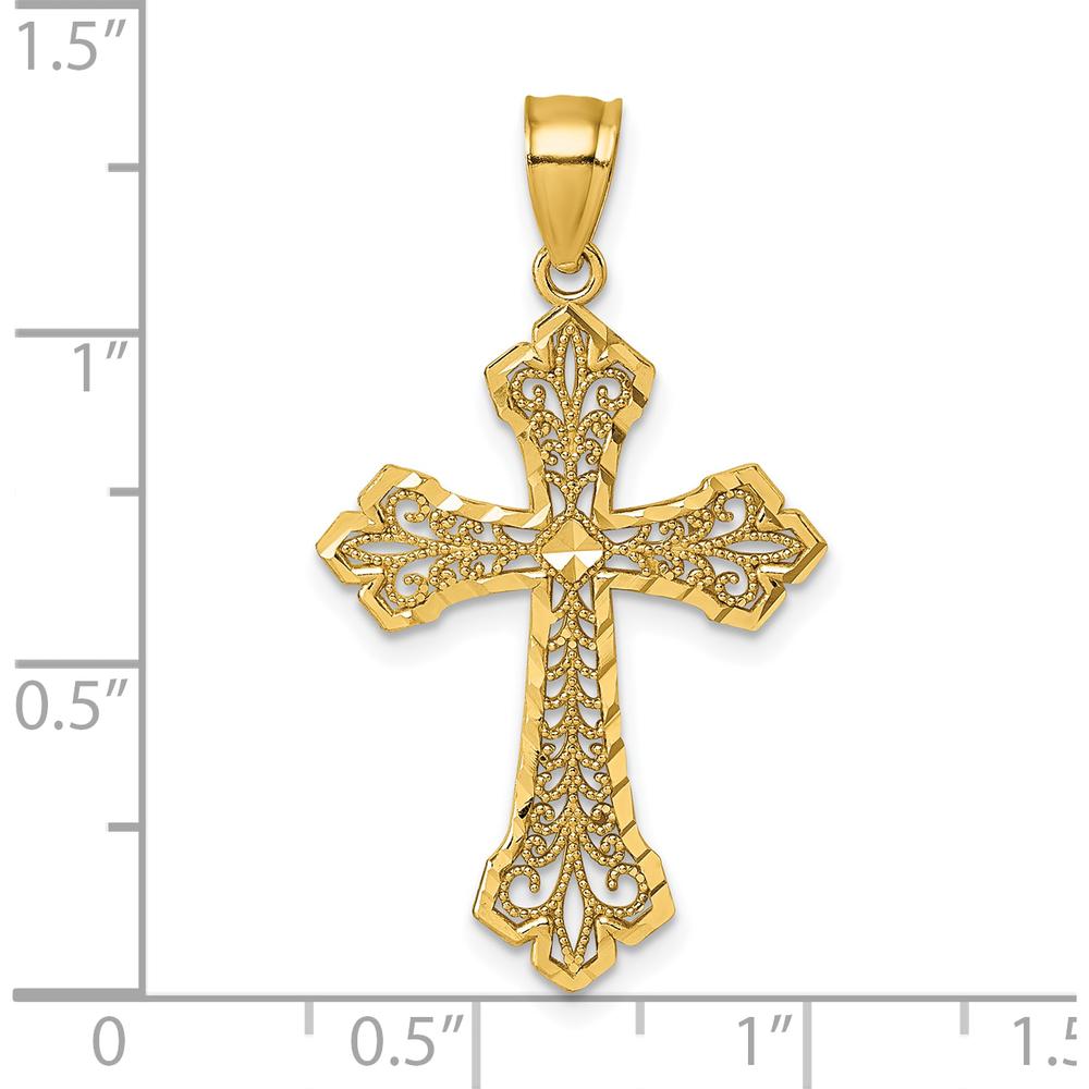 14K Yellow Gold Polished Fleur de Lis Filigree Diamond-Cut Fancy Cross Pendant by Oro Pregiato