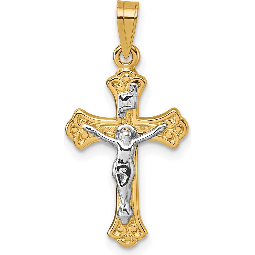 14K Yellow Gold Polished Fleur de Lis INRI Cross Pendant with Rhodium Accents - 26.7mm by Oro Pregiato