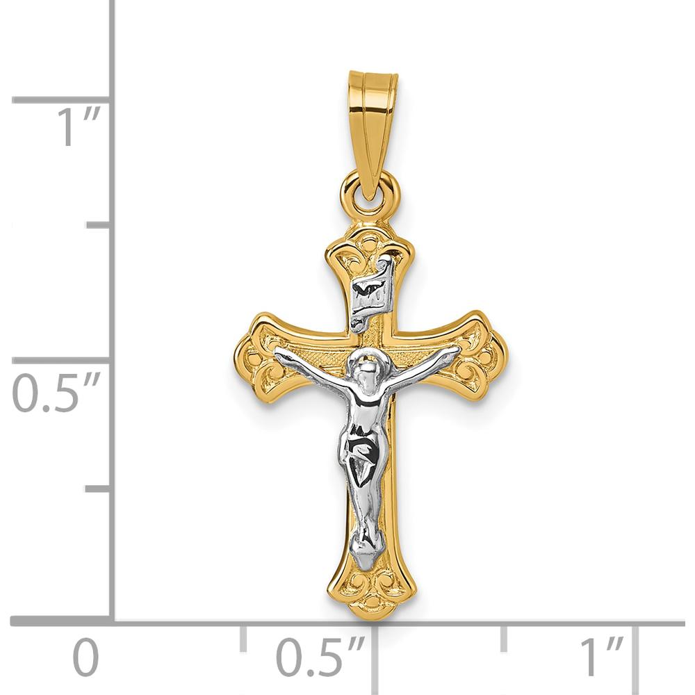 14K Yellow Gold Polished Fleur de Lis INRI Cross Pendant with Rhodium Accents - 26.7mm by Oro Pregiato
