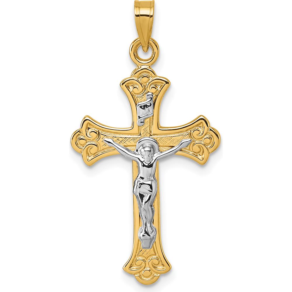 14K Yellow Gold Polished Fleur de Lis INRI Crucifix Cross Pendant - 30.9mm by Oro Pregiato