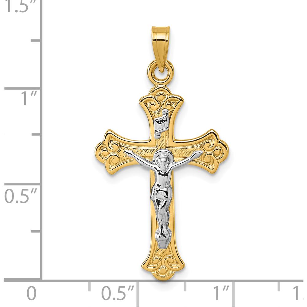 14K Yellow Gold Polished Fleur de Lis INRI Crucifix Cross Pendant - 30.9mm by Oro Pregiato