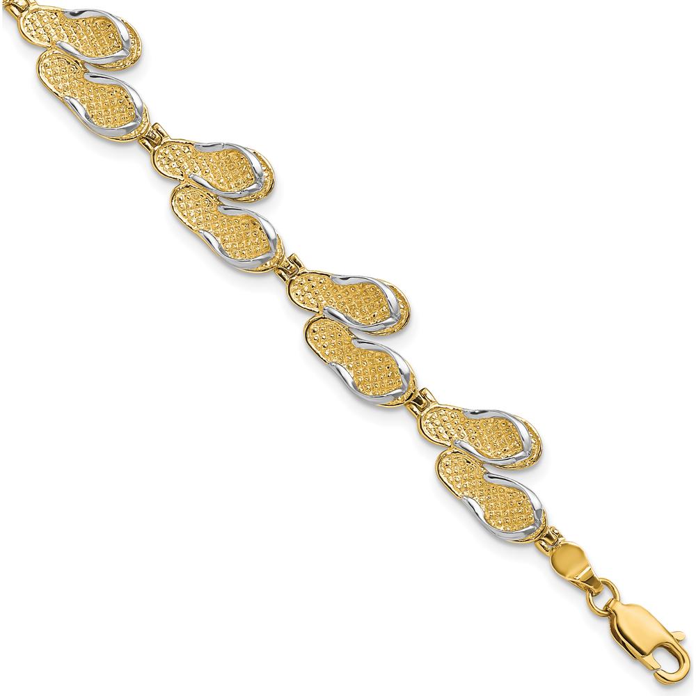 14K Yellow Gold Polished Flip Flop Charm Bracelet with White Rhodium Accents - 7.25 Inches by Oro Pregiato