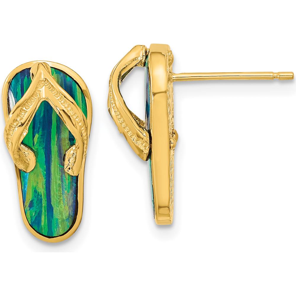 14K Yellow Gold Polished Flip Flop Earrings with Lab-Created Blue Opals - 2 Stones by 0