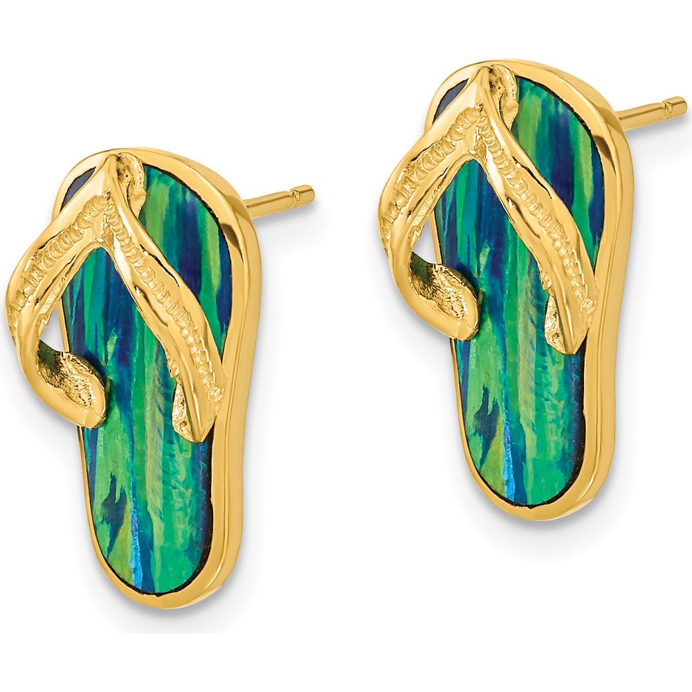14K Yellow Gold Polished Flip Flop Earrings with Lab-Created Blue Opals - 2 Stones by 0