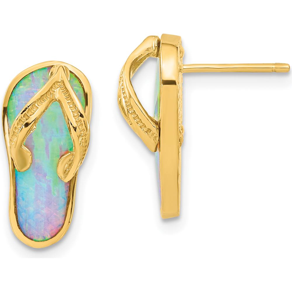 14K Yellow Gold Polished Flip Flop Post Earrings with Lab-Created White Opal - 1.00 Carat Total Opal Weight by 0