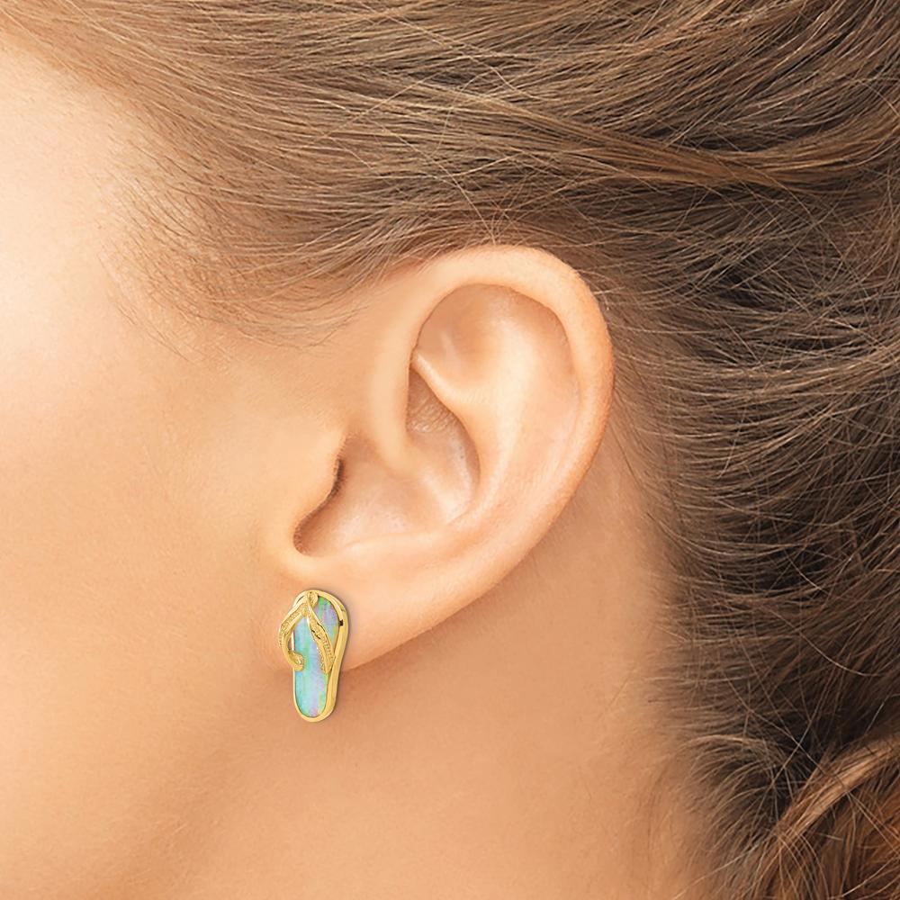 14K Yellow Gold Polished Flip Flop Post Earrings with Lab-Created White Opal - 1.00 Carat Total Opal Weight by 0
