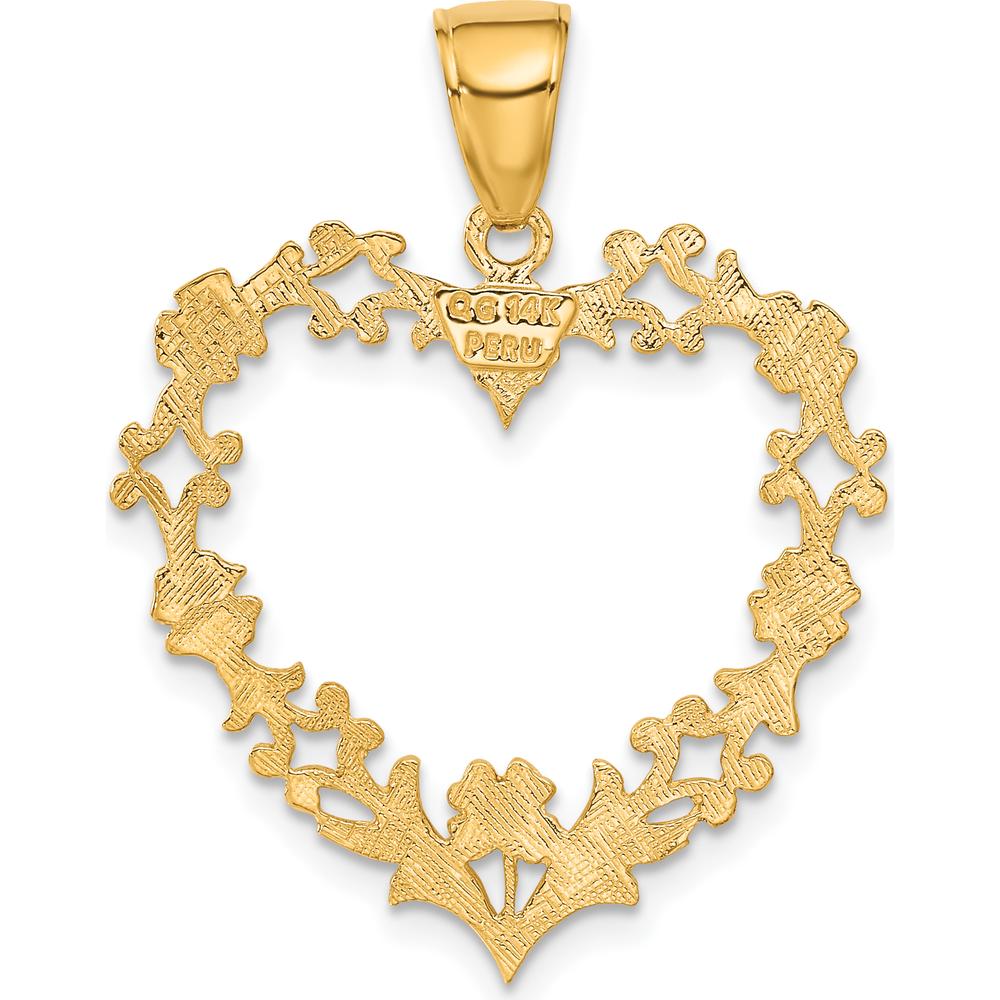14K Yellow Gold Polished Floral Border Heart Pendant - 34mm Length by Oro Pregiato