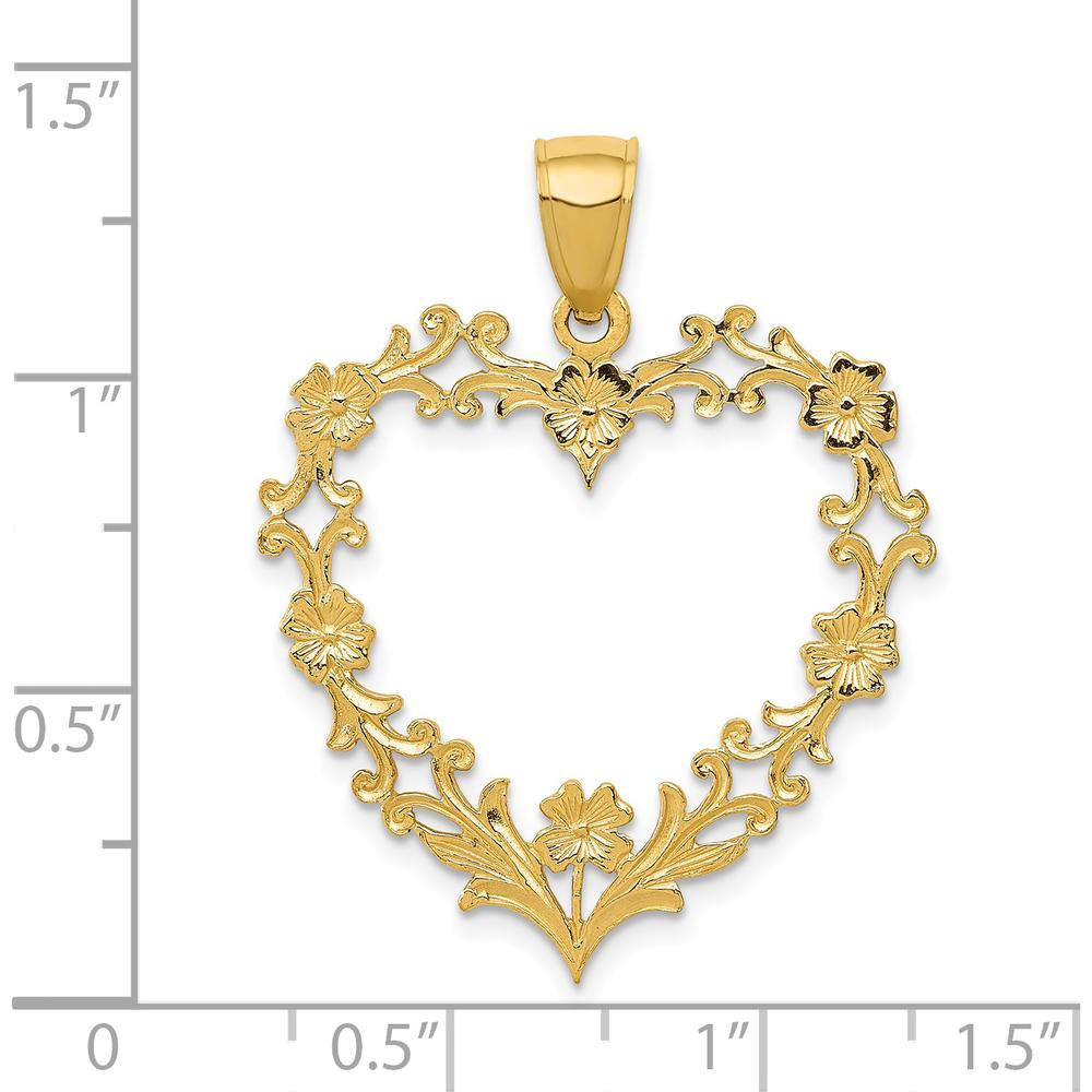 14K Yellow Gold Polished Floral Border Heart Pendant - 34mm Length by Oro Pregiato