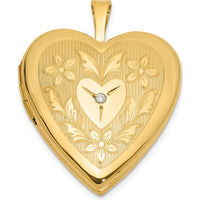 14K Yellow Gold Polished Floral Design Heart Locket Pendant with Diamond Center - 0.05 Carat Diamond by Oro Pregiato