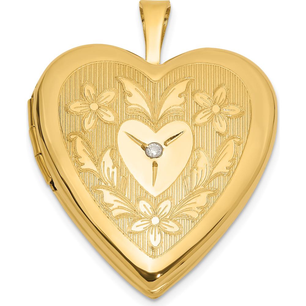 14K Yellow Gold Polished Floral Design Heart Locket Pendant with Diamond Center - 0.05 Carat Diamond by Oro Pregiato