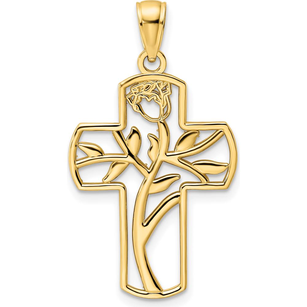 14K Yellow Gold Polished Flower Design Cross Pendant - 33mm Length by Oro Pregiato