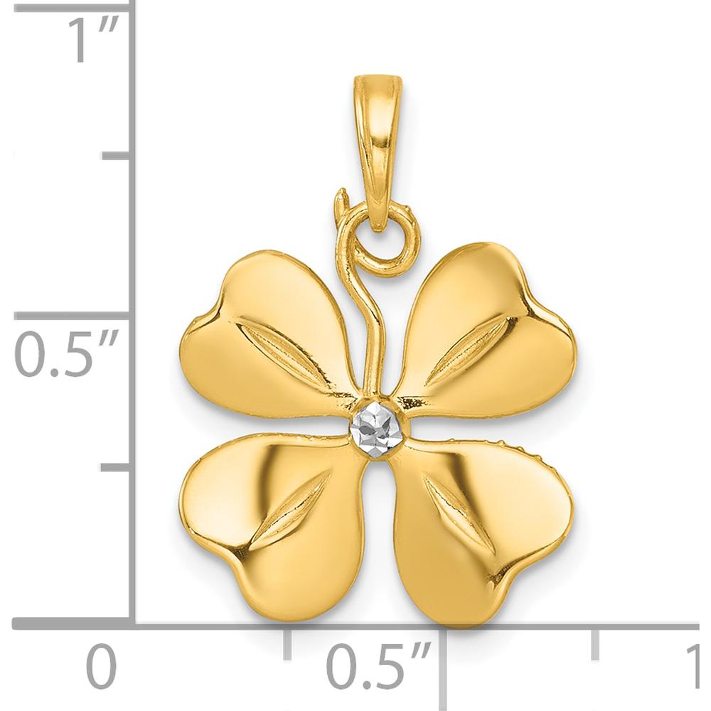 14K Yellow Gold Polished Four-Leaf Clover Charm Pendant with White Rhodium Accents - 22.45mm Length by Oro Pregiato