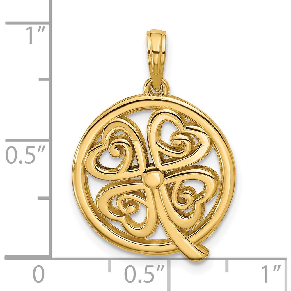 14K Yellow Gold Polished Four Leaf Clover Pendant - Lucky Heart Design by Oro Pregiato