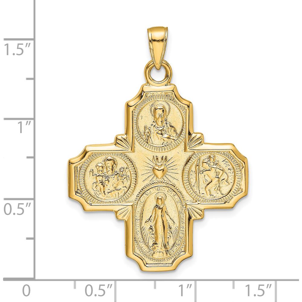 14K Yellow Gold Polished Four-Way Medal Pendant with Sacred Heart, Virgin Mary, Saint Christopher & Christ Engravings by Oro Pregiato