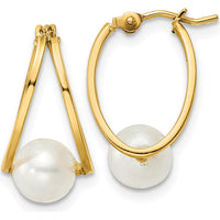 14K Yellow Gold Polished Freshwater Cultured Pearl Drop Hoop Earrings - 6.2mm Pearls by Monteluci Fine Jewelry