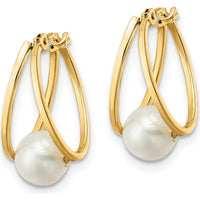 14K Yellow Gold Polished Freshwater Cultured Pearl Drop Hoop Earrings - 6.2mm Pearls by Monteluci Fine Jewelry