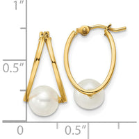 14K Yellow Gold Polished Freshwater Cultured Pearl Drop Hoop Earrings - 6.2mm Pearls by Monteluci Fine Jewelry