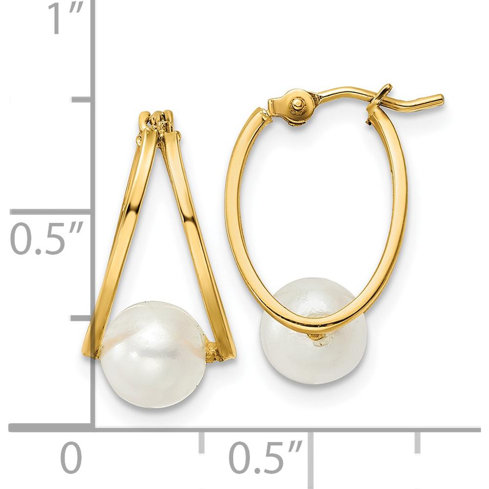 14K Yellow Gold Polished Freshwater Cultured Pearl Drop Hoop Earrings - 6.2mm Pearls by Monteluci Fine Jewelry