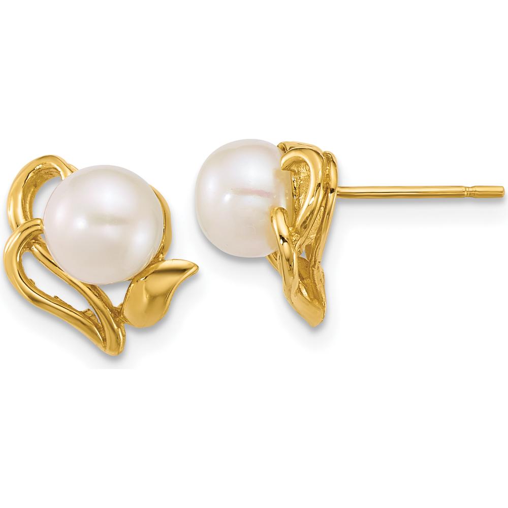 14K Yellow Gold Polished Freshwater Cultured Pearl Flower Post Earrings - 12mm Length by Monteluci Fine Jewelry