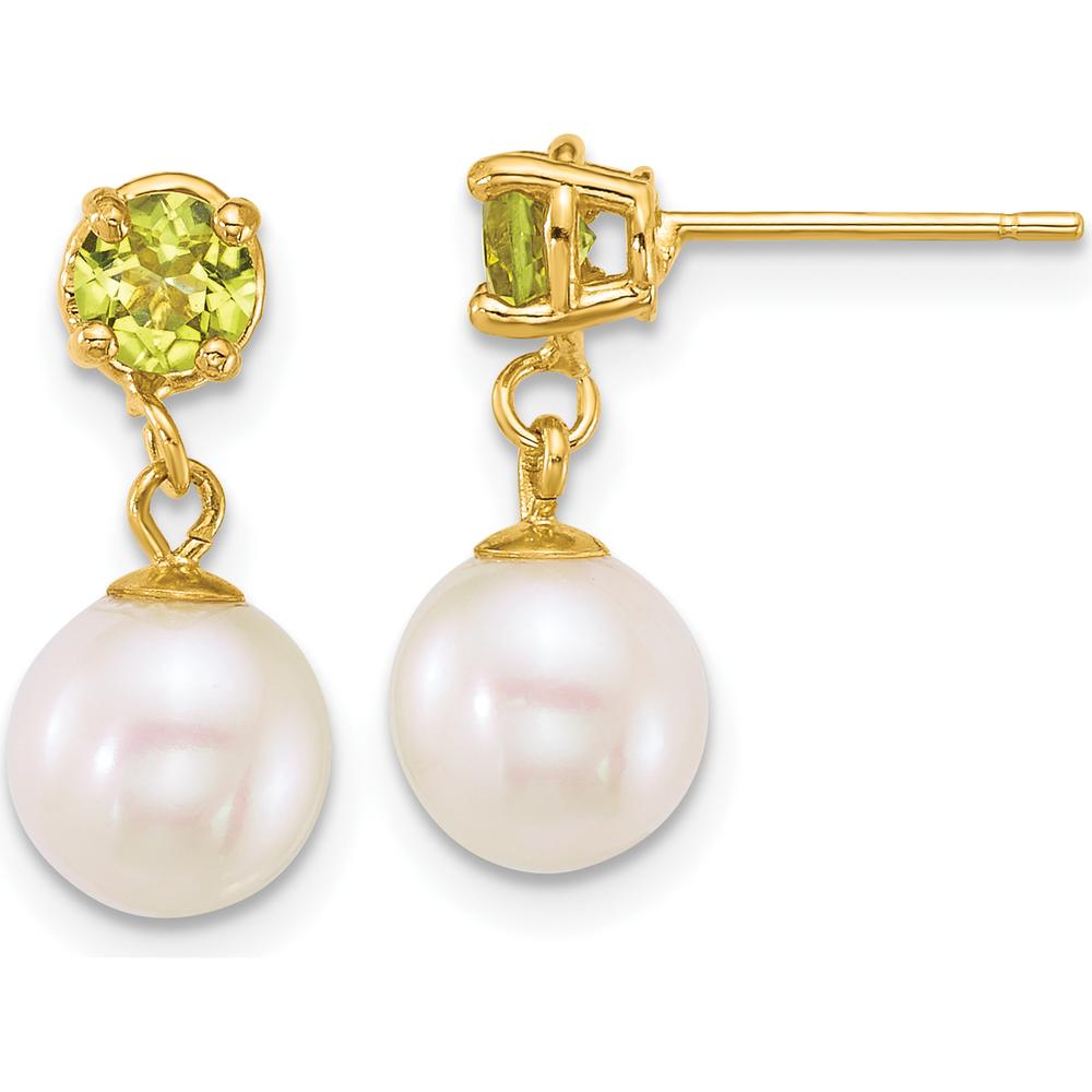14K Yellow Gold Polished Freshwater Pearl and Peridot Dangle Earrings - 0.80 Carat Total Peridot Weight by Monteluci Fine Jewelry
