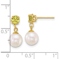 14K Yellow Gold Polished Freshwater Pearl and Peridot Dangle Earrings - 0.80 Carat Total Peridot Weight by Monteluci Fine Jewelry