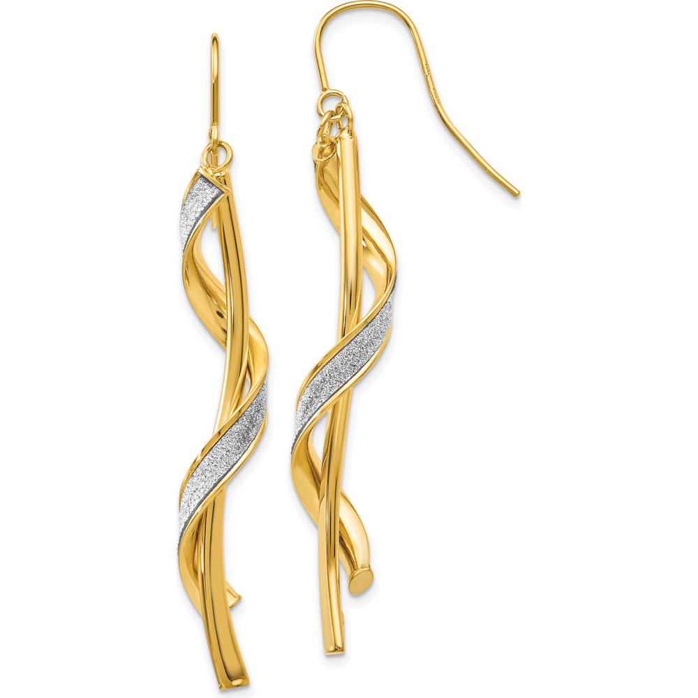 14K Yellow Gold Polished Glitter Infused Spiral Dangle Earrings 60mm Length by 0