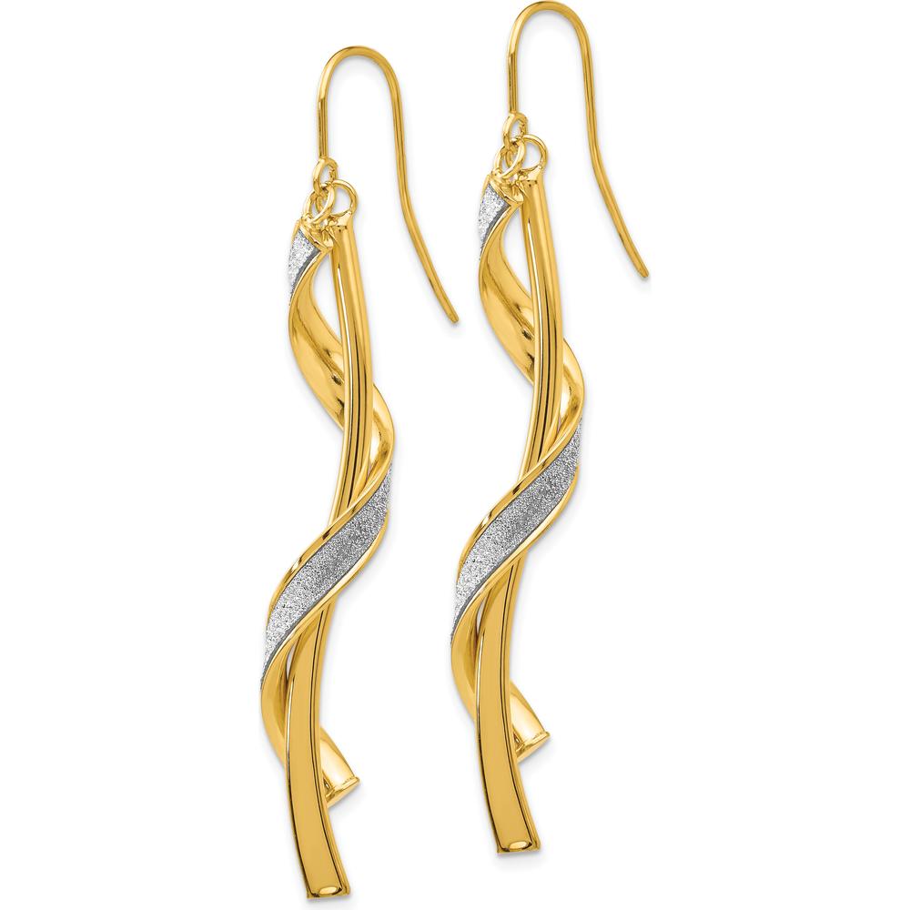 14K Yellow Gold Polished Glitter Infused Spiral Dangle Earrings 60mm Length by 0