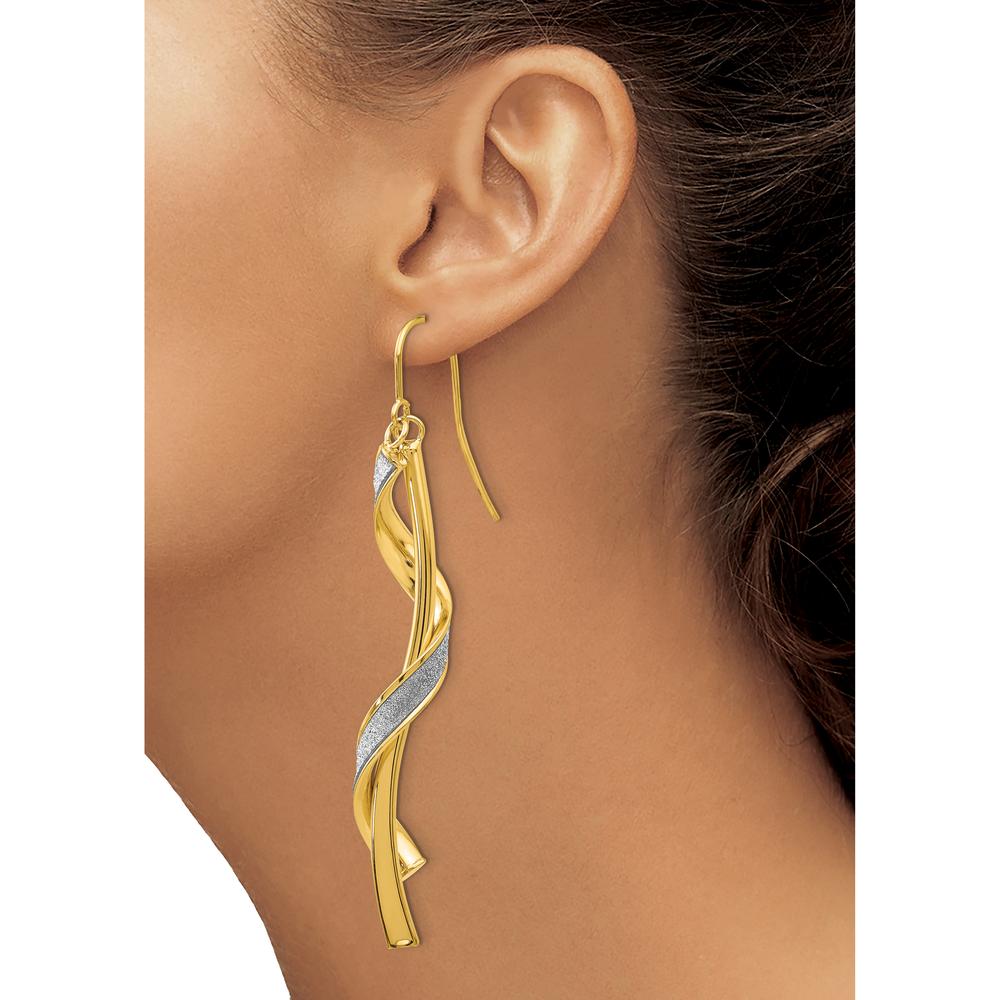 14K Yellow Gold Polished Glitter Infused Spiral Dangle Earrings 60mm Length by 0