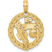14K Yellow Gold Polished Golf Theme Circle Pendant with Textured Wreath Design by Oro Pregiato