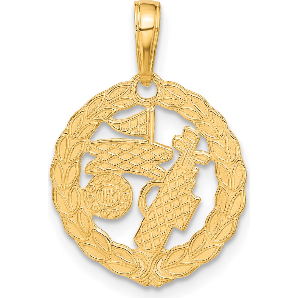 14K Yellow Gold Polished Golf Theme Circle Pendant with Textured Wreath Design by Oro Pregiato